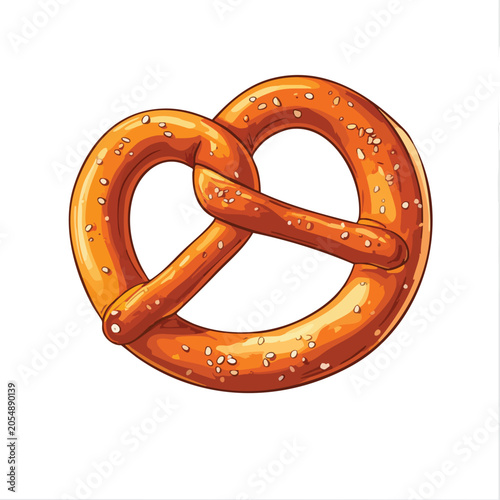 Hand drawn illustration of a salty golden brown pretzel isolated on white background.