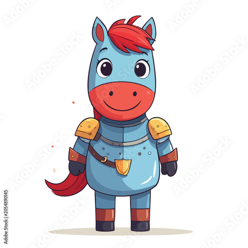 Cute cartoon horse knight in blue armor with red mane.