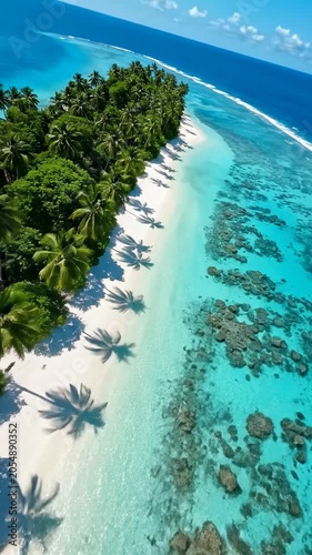 Aerial drone shot of a lush green tropical island paradise with palm trees and white sand beach, turquoise ocean water, and coral reefs, pristine natural beauty, travel destination inspiration