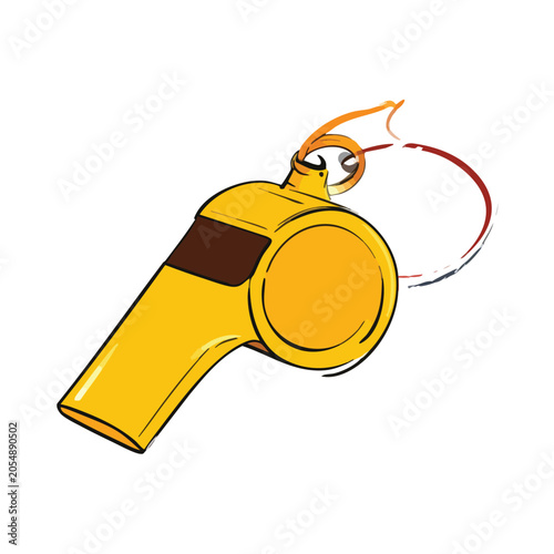 Bright yellow plastic sports whistle with a lanyard attachment.