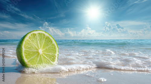 Bright summer beach scene with fresh lime slice on sand by ocean.