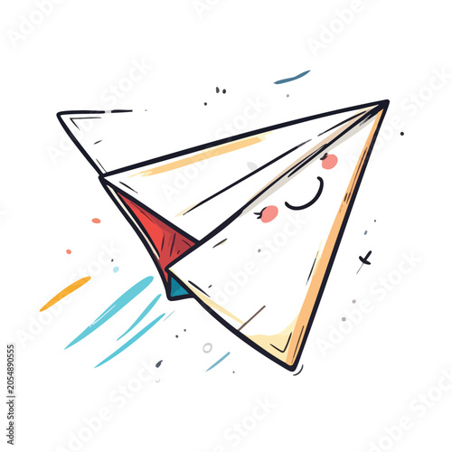 Cute cartoon paper airplane flying with a happy face.