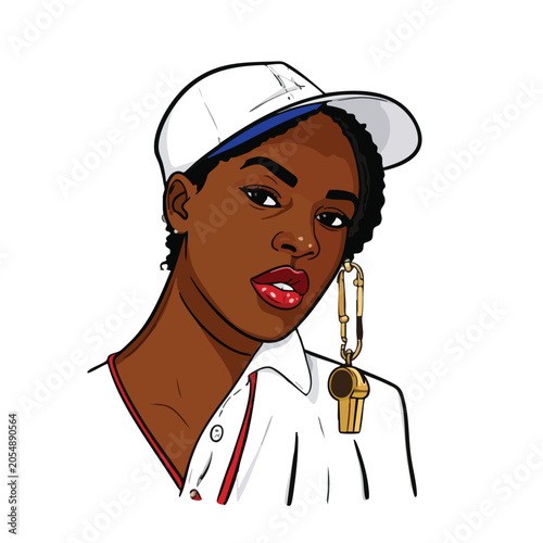 Stylized Illustration of a Young African American Woman Wearing a White Cap and Whistle Earring.