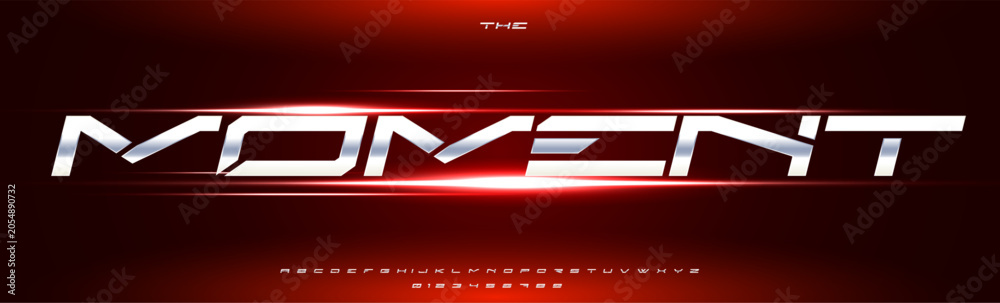 Fototapeta premium Metal Font Sport Logo Speed Race Alphabet English Letter Set Modern Typography, Power Car Racing Typographic Design for Title Text, Run Poster Headline, Sporty Typo Automotive Fonts. Vector Typeface