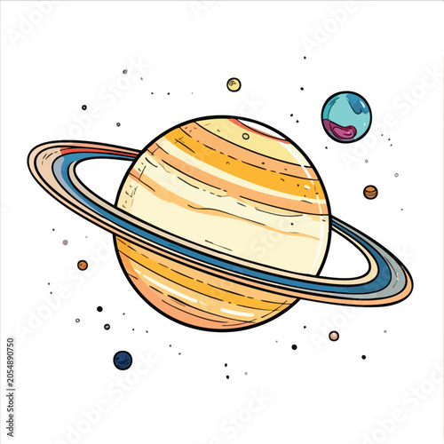 Hand Drawn Cartoon Illustration of Saturn Planet with Rings and Surrounding Moons.