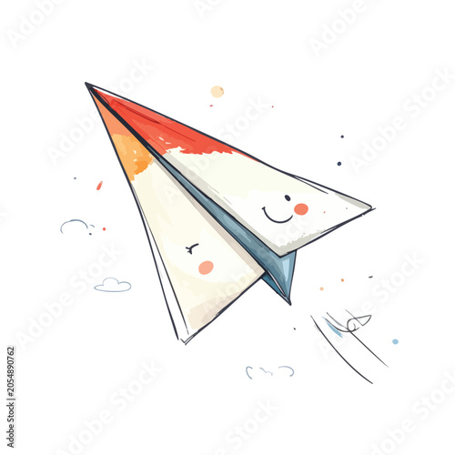 Cute hand drawn illustration of a whimsical paper airplane flying.