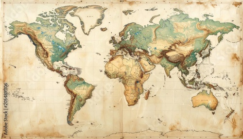 Vintage World Map Illustration with Aged Paper Texture.