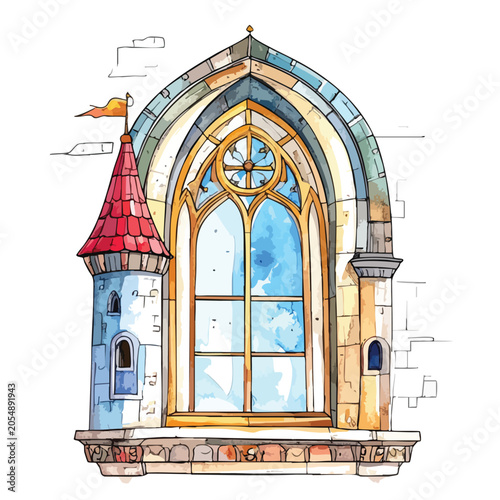 Watercolor illustration of a medieval castle window with a tower and flag.