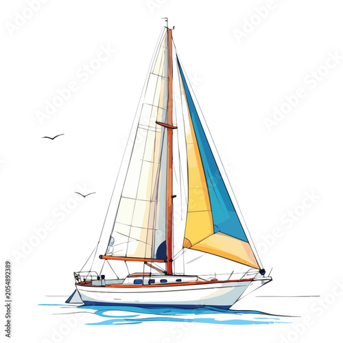 Watercolor painting of a sailboat with colorful sails on the water.