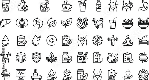Bild auf Leinwand Organic diet and healthcare linear icons bundle with fruits vegetables wellness