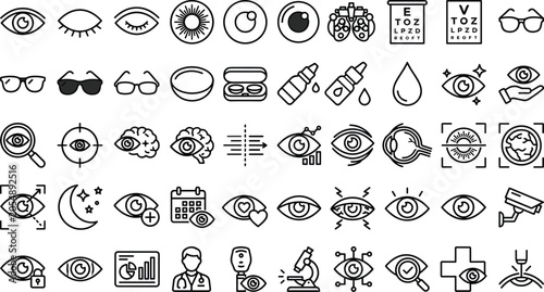 Optometry clinic linear icons bundle with human eye anatomy laser surgery microscope medical doctor and biometric scanning symbols