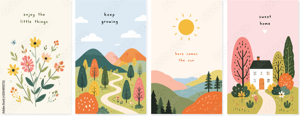 Naklejka premium Nature Landscape Poster Collection with Floral, Mountain and Countryside Illustrations