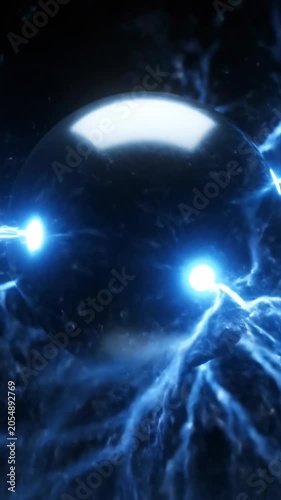 Abstract sphere enveloped in glowing blue electrical energy and plasma, dark background, cosmic storm