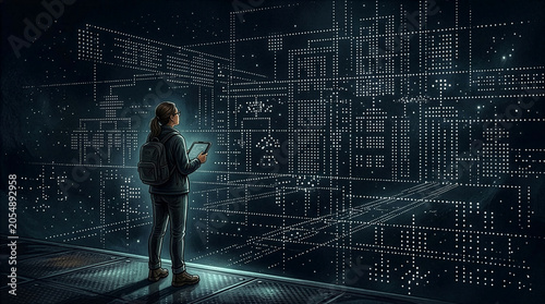 Data Analyst with Tablet Exploring Futuristic Data Grid for Business Insight