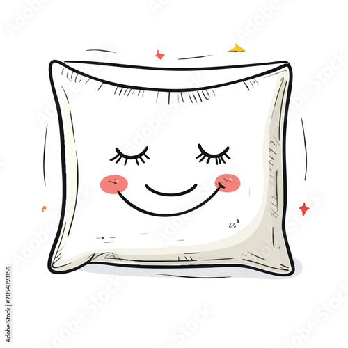 Cute cartoon pillow with a sleeping face and blushing cheeks.