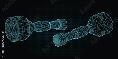 Futuristic 3D Wireframe Dumbbell Set Digital Fitness Concept Featuring Glowing Cyan Mesh Structures Isolated On Dark Background Representing Technological Advancement In Modern Sports Equipment Design