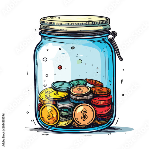 A detailed colorful illustration of a glass mason jar filled with various metallic coins representing financial savings.