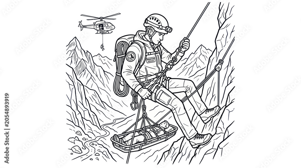 Obraz premium Mountain rescue team saving an injured person on a steep cliff side