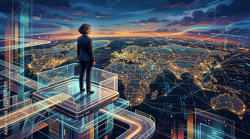Business Executive Overlooking Global Network Map for International Strategy
