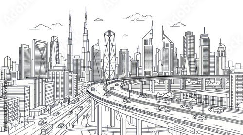 Modern city skyline with highway overpass and tall skyscrapers
