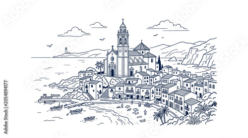 Mediterranean coastal village with historic church and harbor