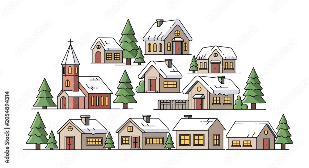 Obraz premium A cluster of stylized, snow-covered residential houses and a church are nestled among green pine trees in a flat, winter-themed village illustration on a white background.