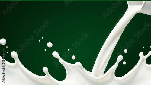 Pouring White Milk Splash on Dark Green Background