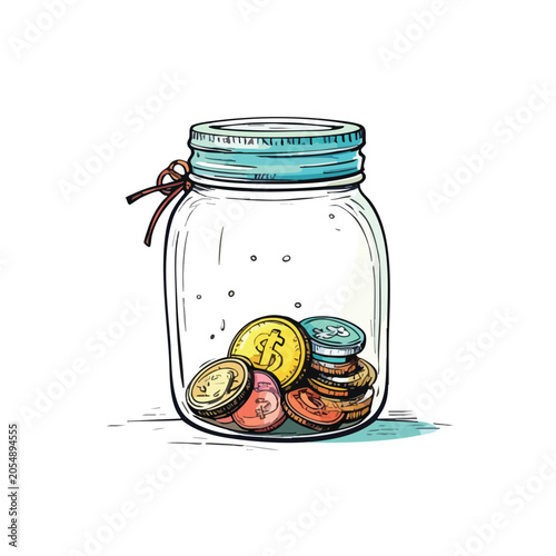 Hand drawn illustration of a glass jar filled with various colorful coins.