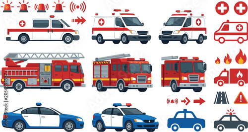 Obraz na płótnie Emergency vehicles vector set with cartoon ambulance fire truck police car siren