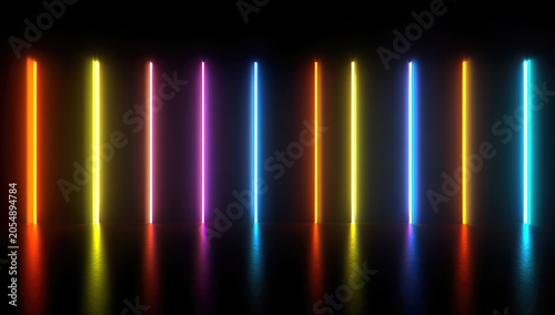 Vertical neon lines, spanning colors, radiate. Reflections on a sleek, dark surface. Luminous tubes against a black backdrop