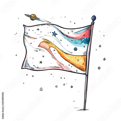 Artistic watercolor illustration of a space flag waving on a pole.