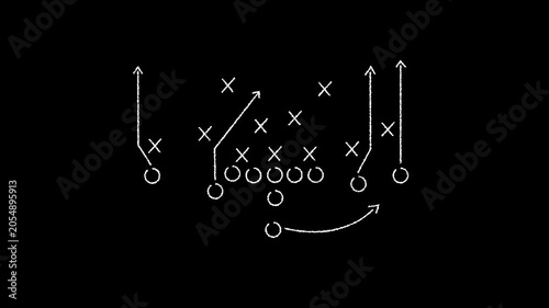 Scheme of football game on chalkboard background. Four verticals. American football playbook for college and high school.4k motion graphics video animation