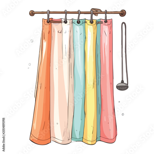 Hand drawn colorful shower curtain hanging on a rod with shower head.
