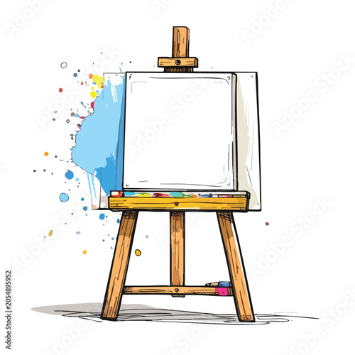 Wooden artists easel with blank canvas and colorful paint splashes.