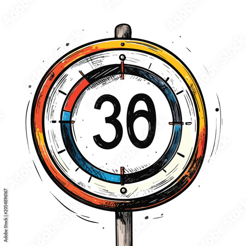 Illustrated circular road sign showing the number thirty.
