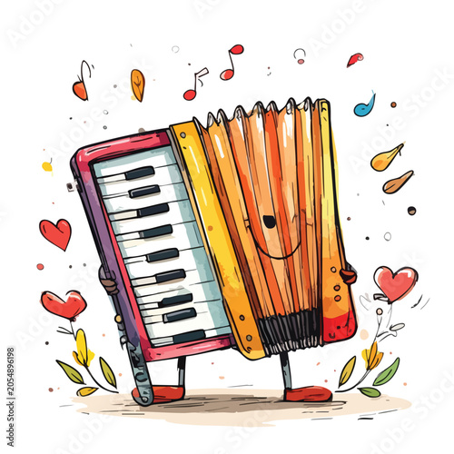 Cute cartoon accordion character playing happy music with hearts.