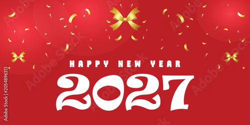 Vector 2027 New Year celebration with golden confetti and bows on red background