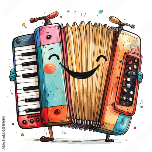 Cute Cartoon Accordion Character Playing Music Illustration.