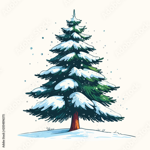 A beautiful hand drawn artistic illustration of a snow covered evergreen fir tree.