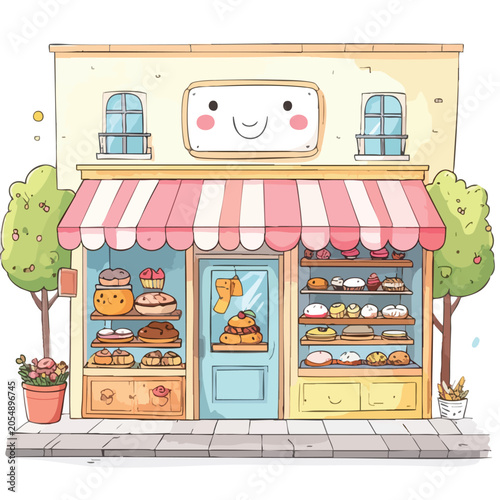 Cute Cartoon Bakery Shop Exterior Illustration.