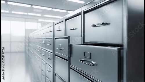 Rows of metal filing cabinets in a modern office