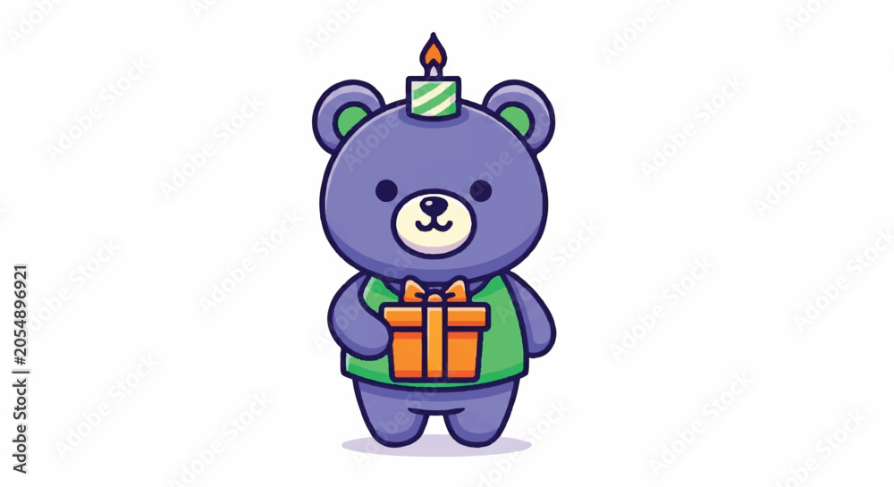 Fototapeta premium Cute Purple Bear Holding Gift Box with Birthday Candle on Head.