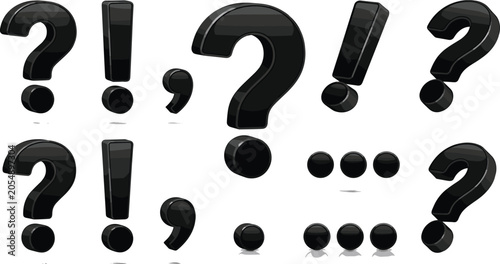 Konstfotografi Glossy black 3d punctuation marks vector icon set with question mark exclamation