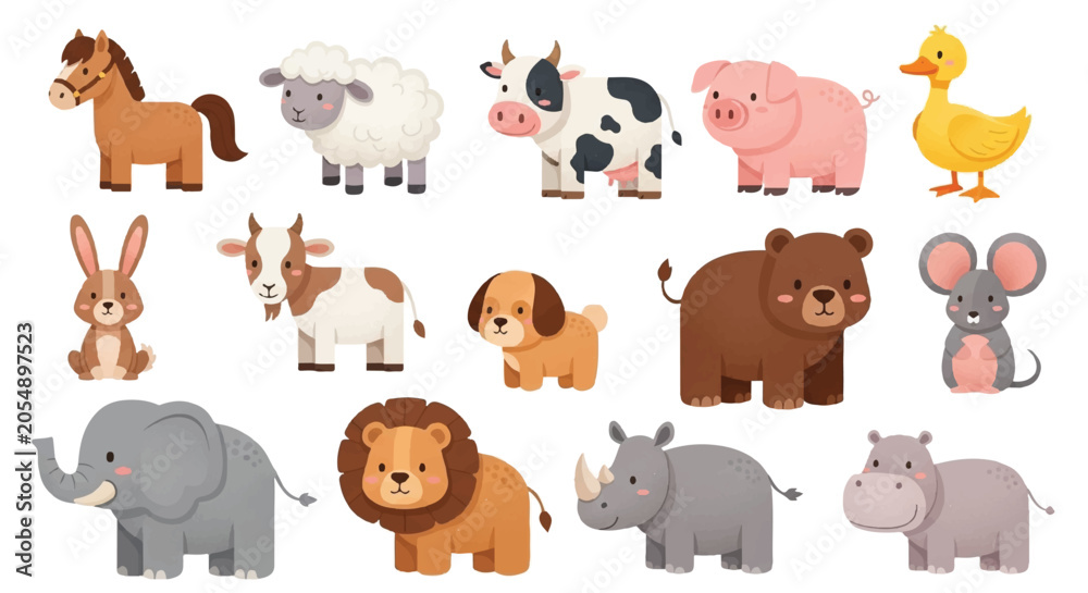 Fototapeta premium Collection of Cute Cartoon Farm and Wild Animals.