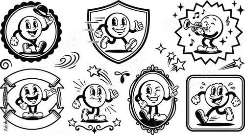 Obraz na plátně Retro 1930s cartoon smiley mascot vector badges set with funny round characters
