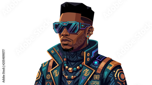 Afrofuturist man in stylish high collar jacket with cyber glasses