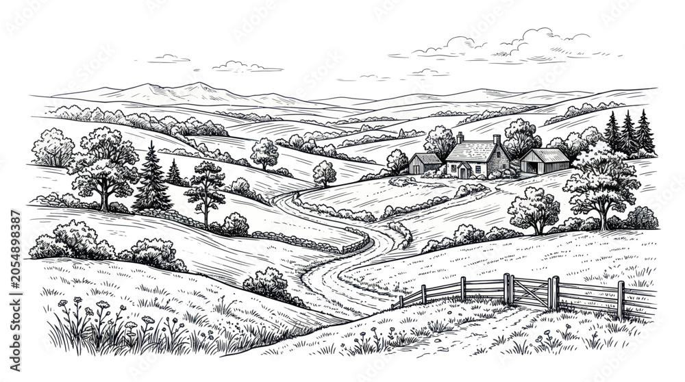 Fototapeta premium Peaceful rural landscape with farm house and rolling hills