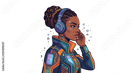 Stylish woman wearing futuristic glowing headphones and tech jacket