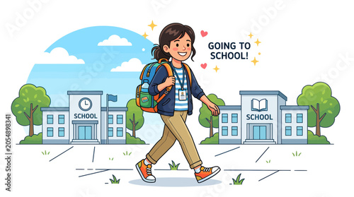 Cuadro en lienzo Smiling student with a backpack walking toward a school building