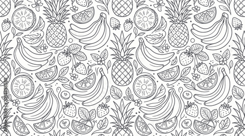 Seamless tropical fruit pattern with bananas pineapples and berries